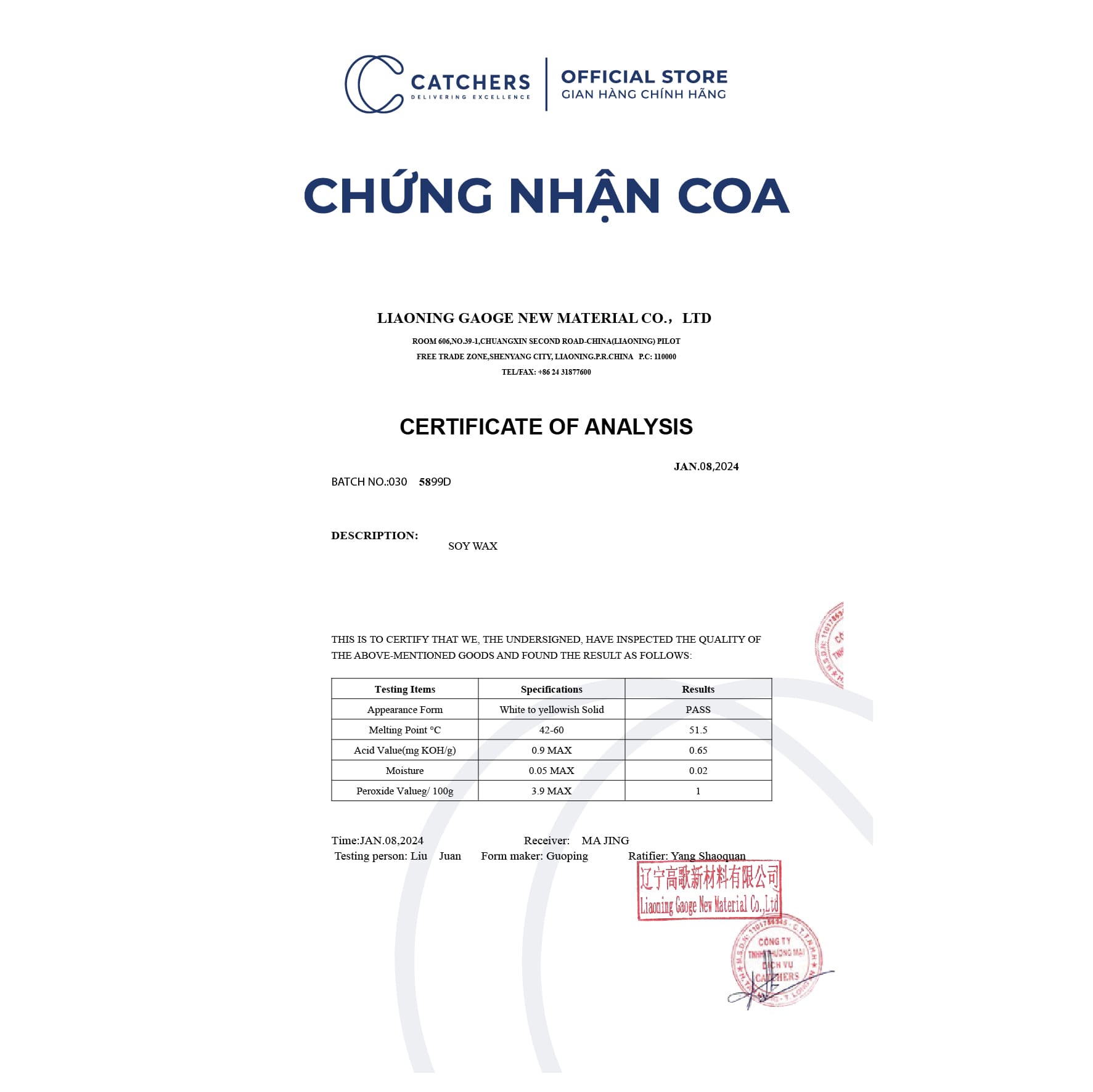 Chứng nhận COA Sáp Đậu Nành Hạt