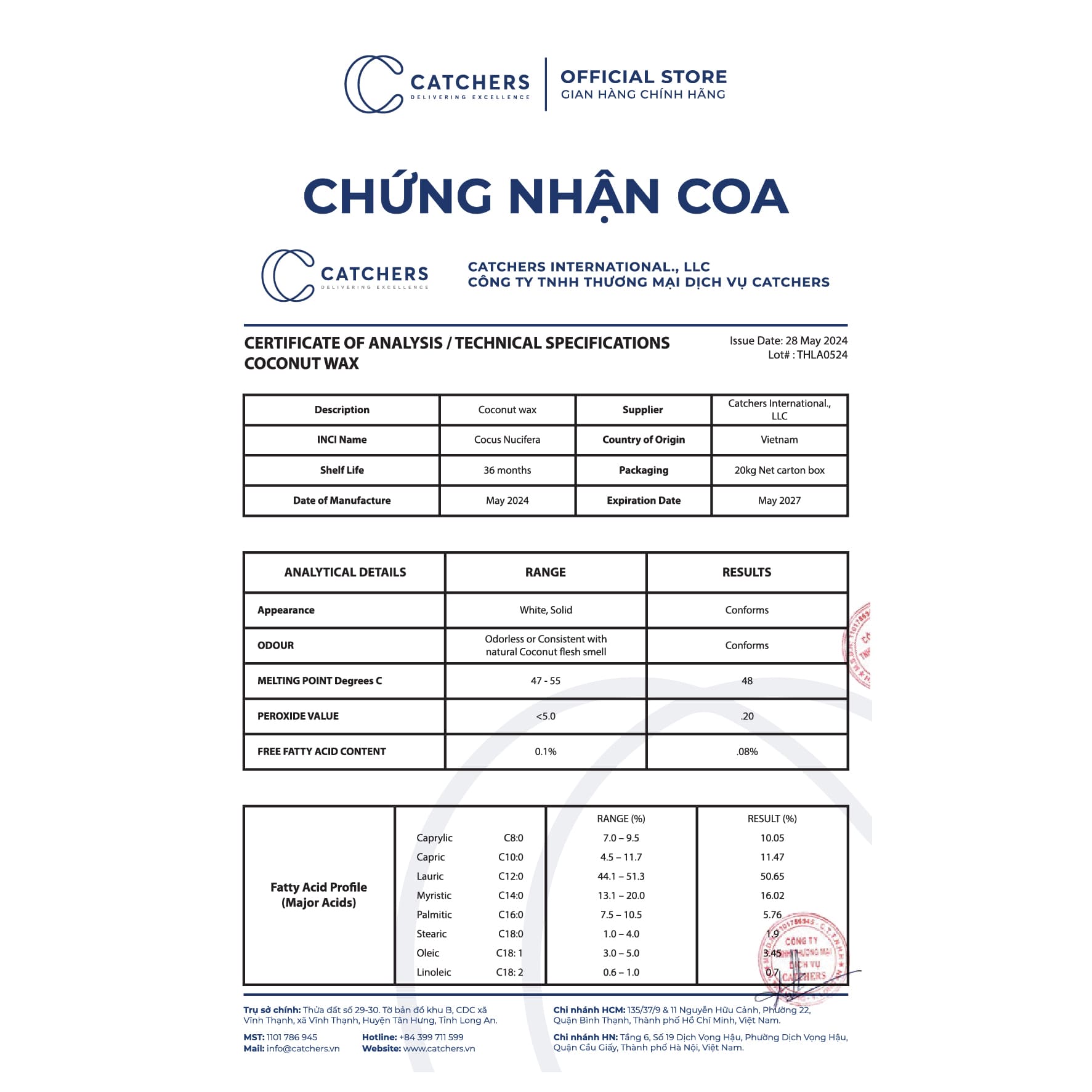 Chứng nhận COA Sáp dừa