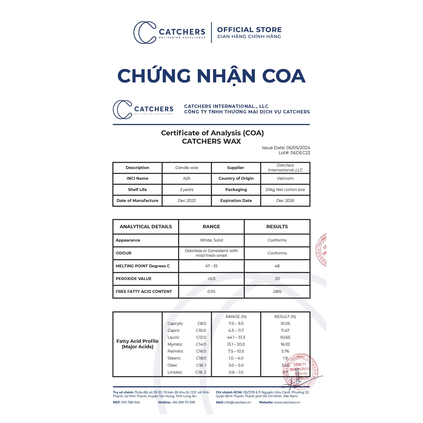 Chứng nhận COA Sáp nến Catchers