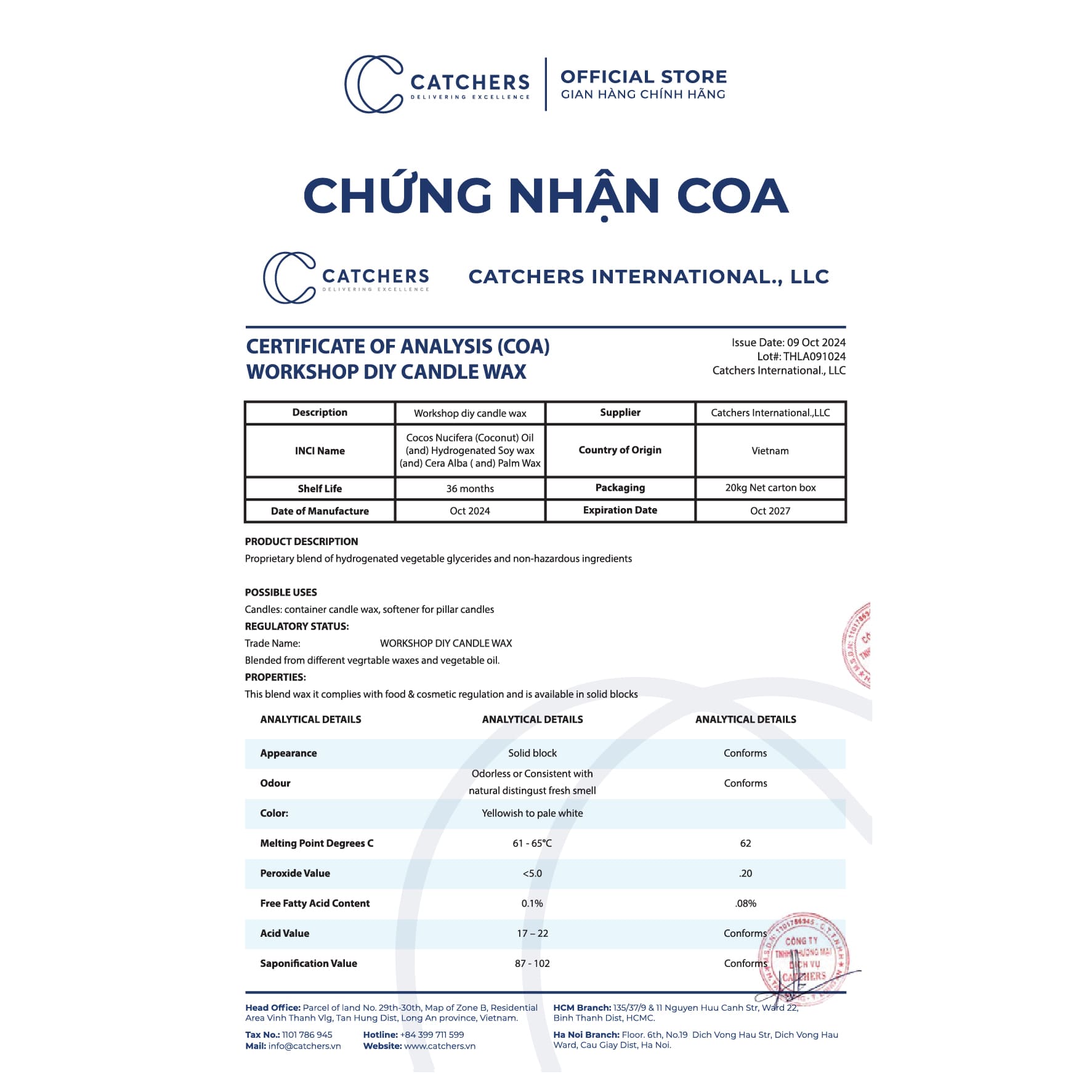 Chứng nhận COA Sáp Nến Workshop