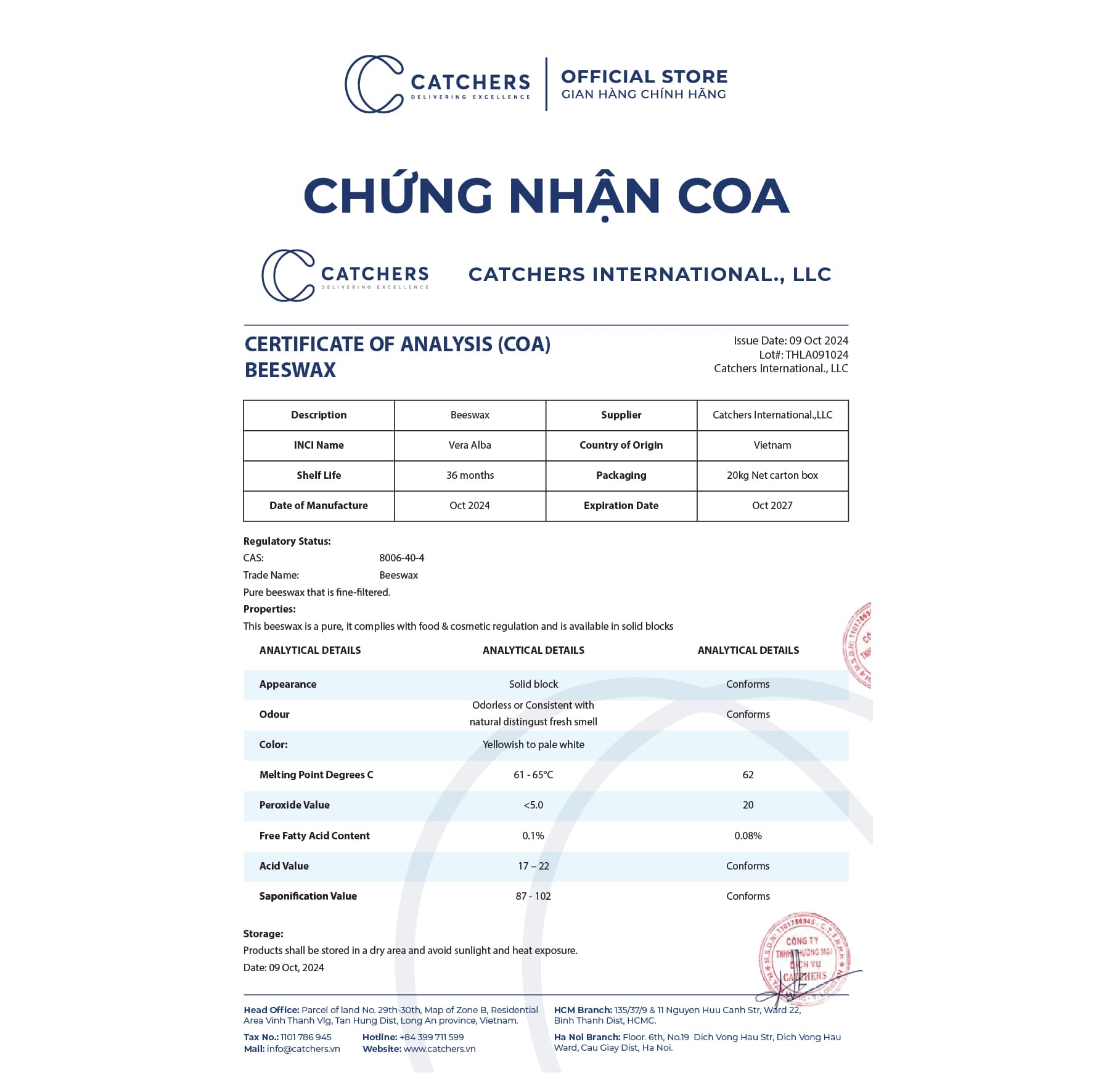 Chứng nhận COA Sáp Ong Trắng
