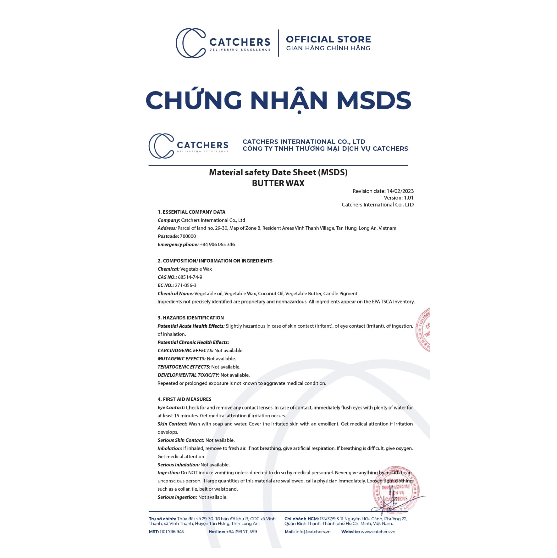 Chứng nhận MSDS Sáp Bơ