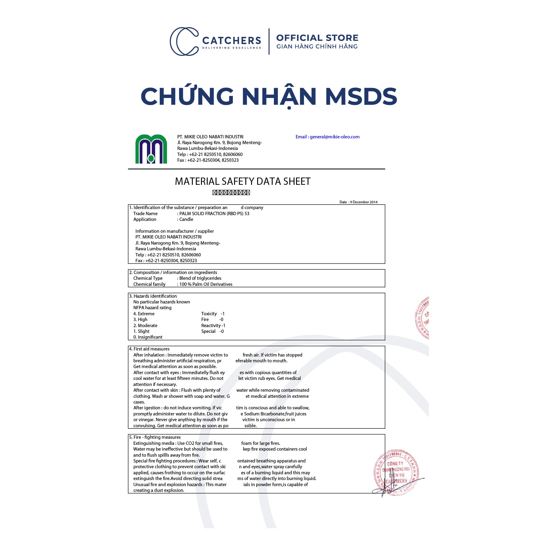 Chứng nhân MSDS Sáp Cọ Mềm