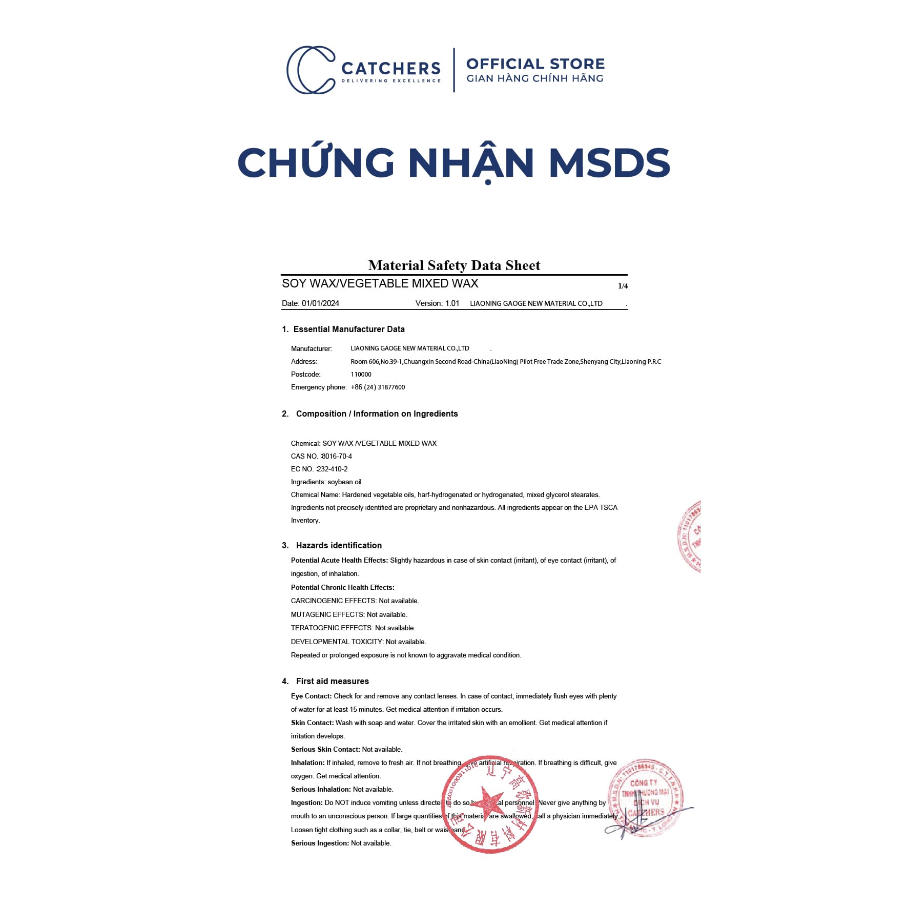 Chứng nhận MSDS Sáp Đậu Nành Hạt