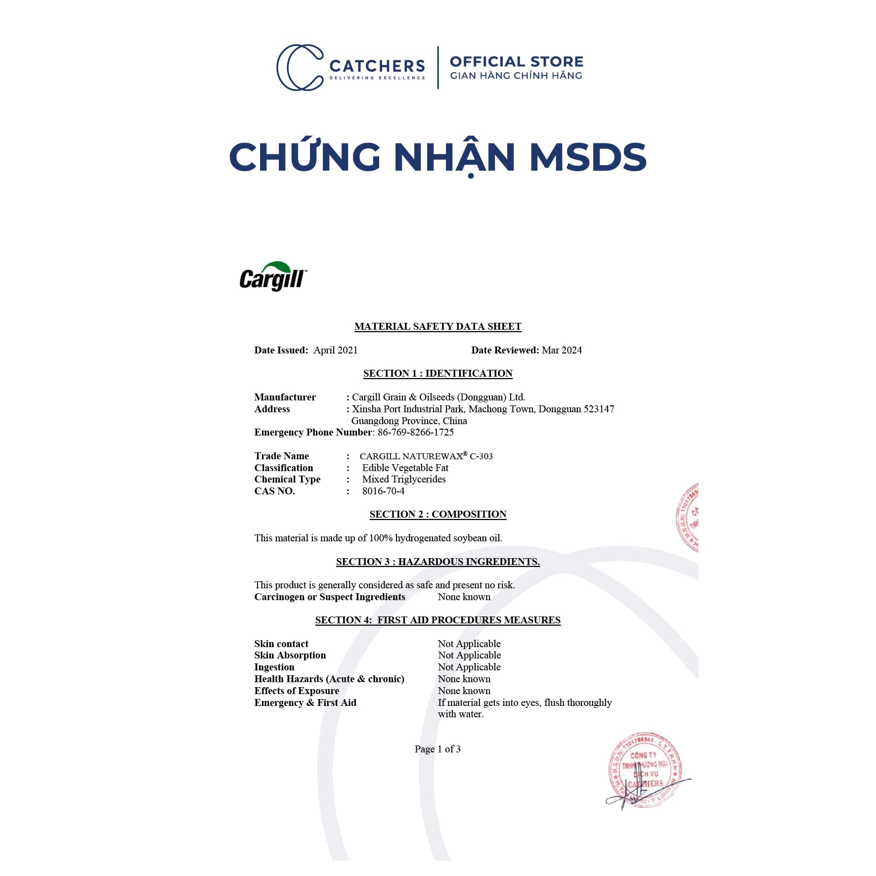 Chứng nhận MSDS Sáp Nành Vảy