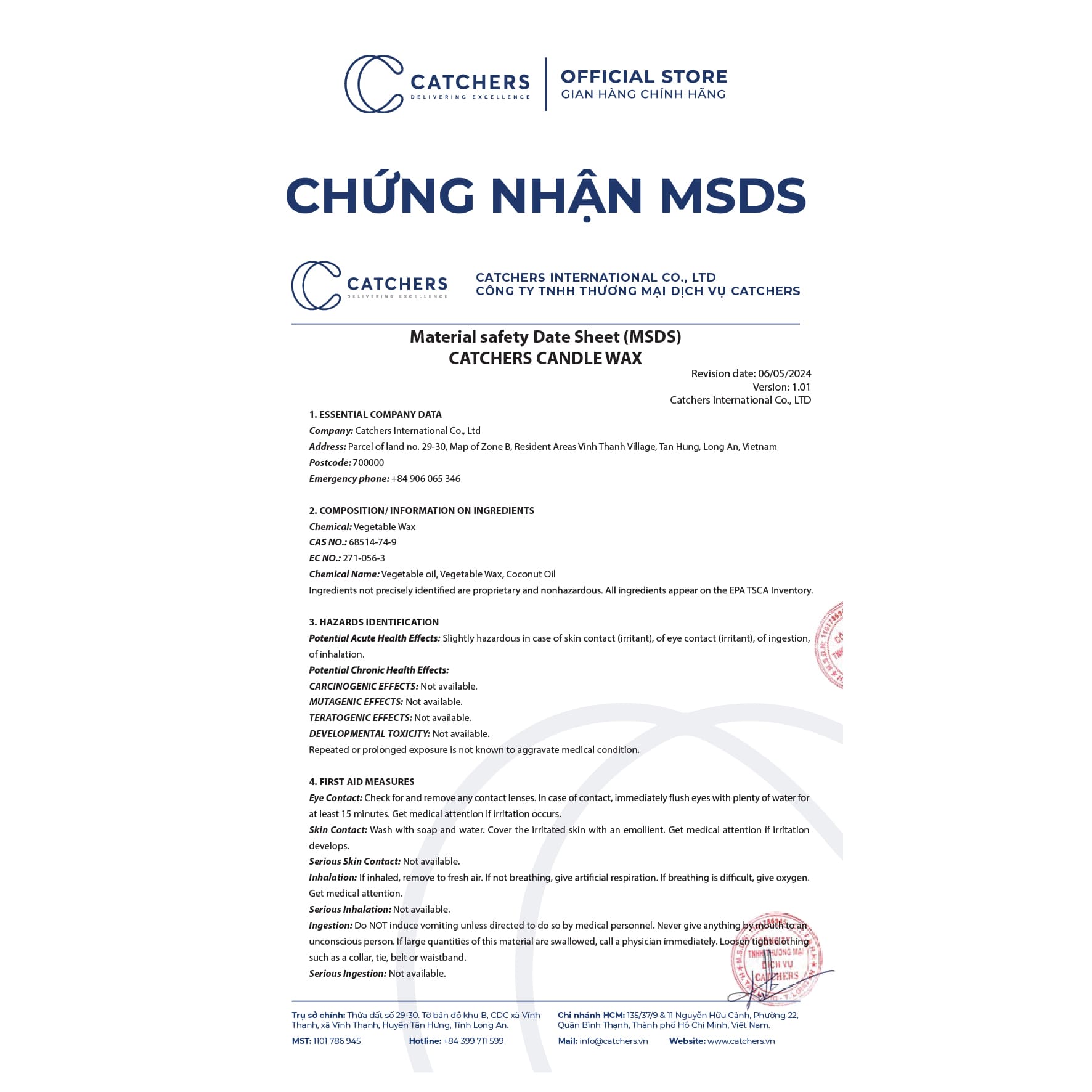 Chứng nhận MSDS Sáp nến Catchers