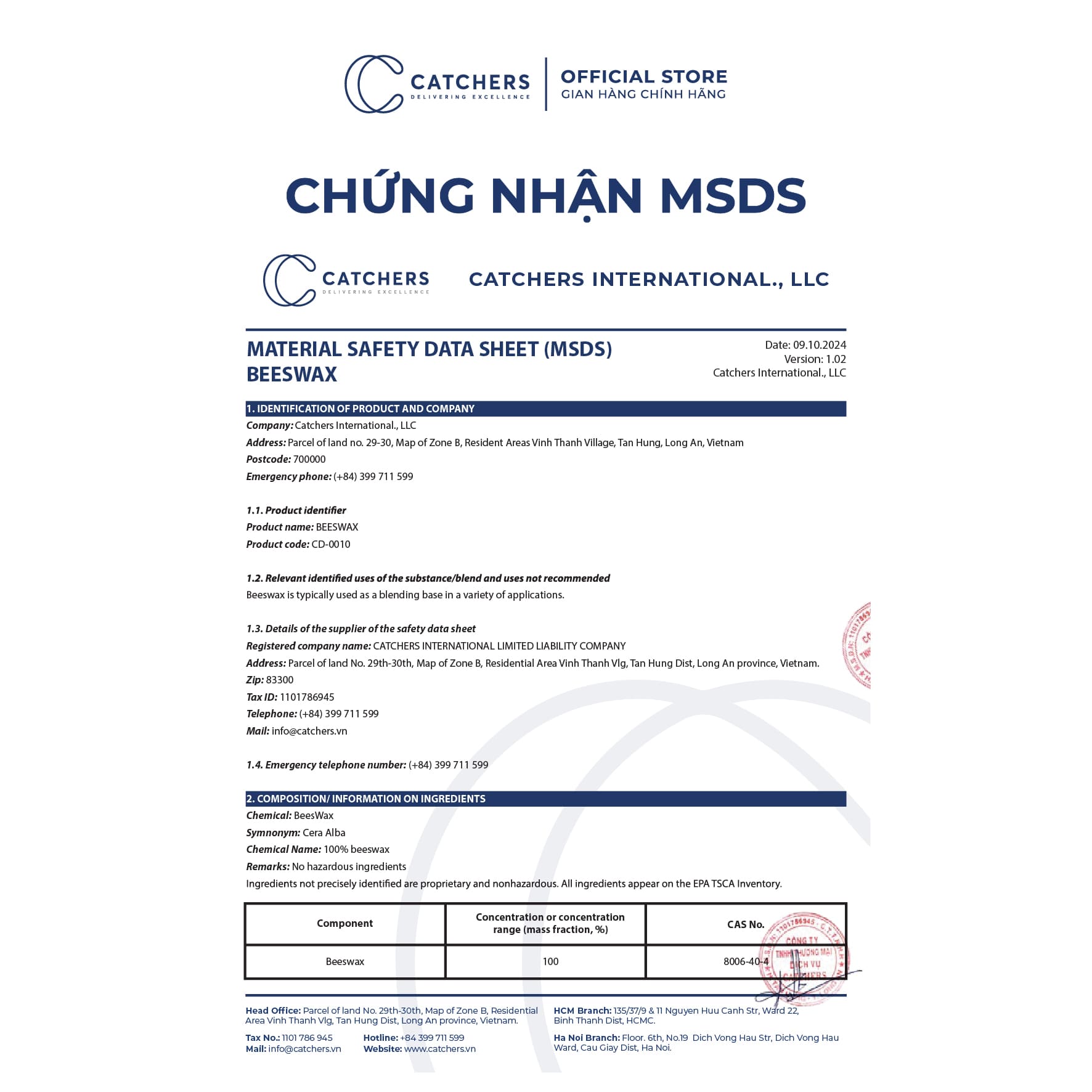 Chứng nhận MSDS Sáp Ong Vàng