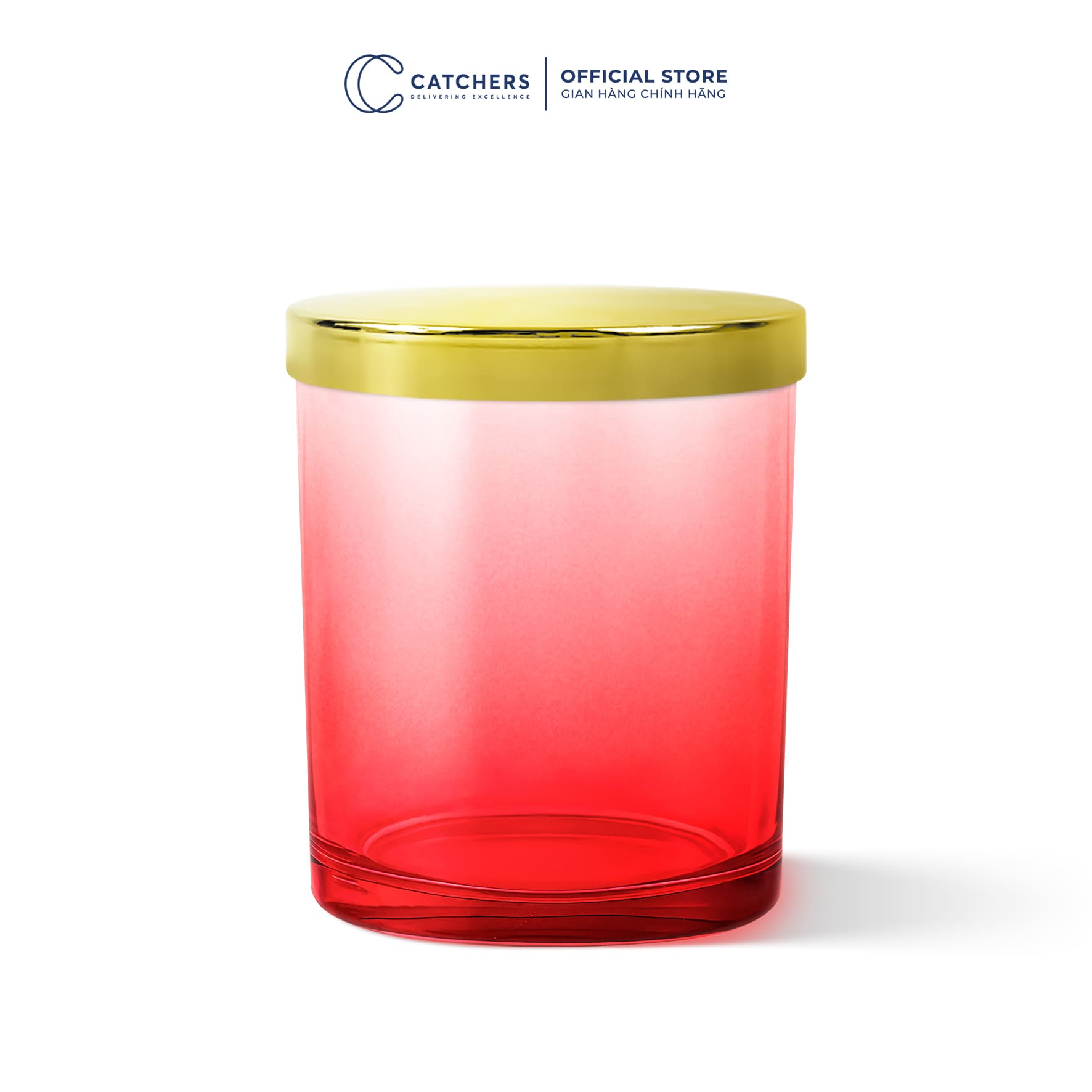 cốc đựng nến đỏ chuyển màu nắp chụp vàng