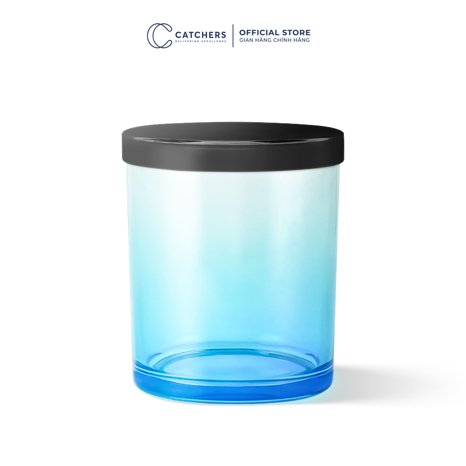 cốc đựng nến xanh dương chuyển màu nắp chụp đen