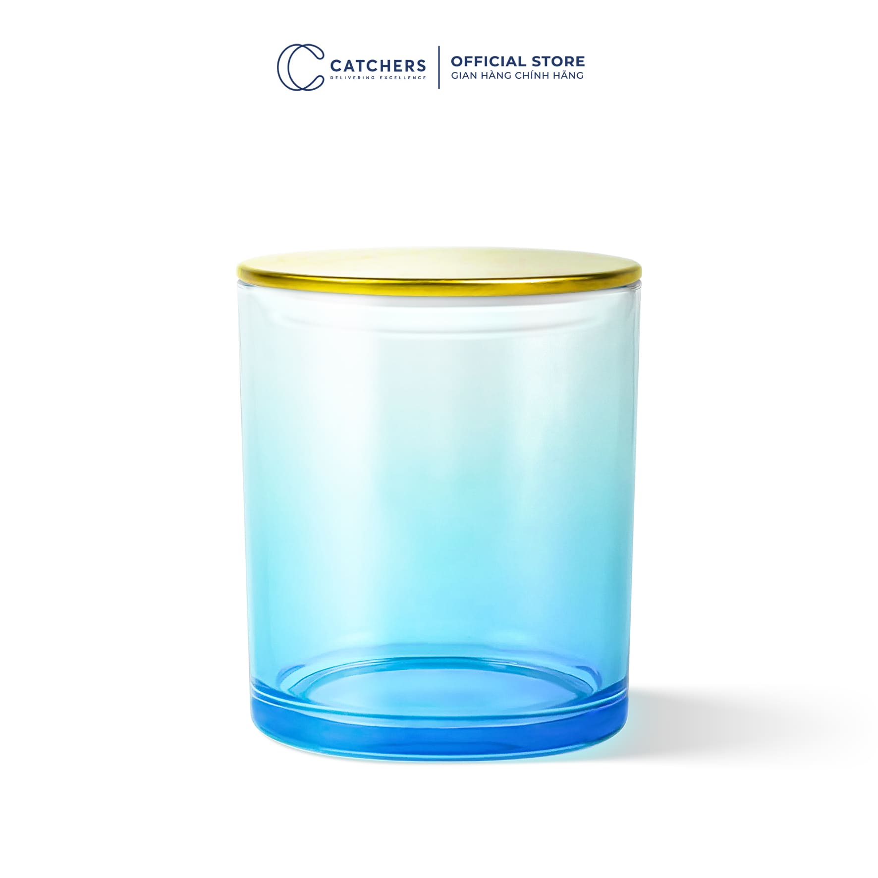 cốc đựng nến xanh dương chuyển màu nắp dẹp vàng