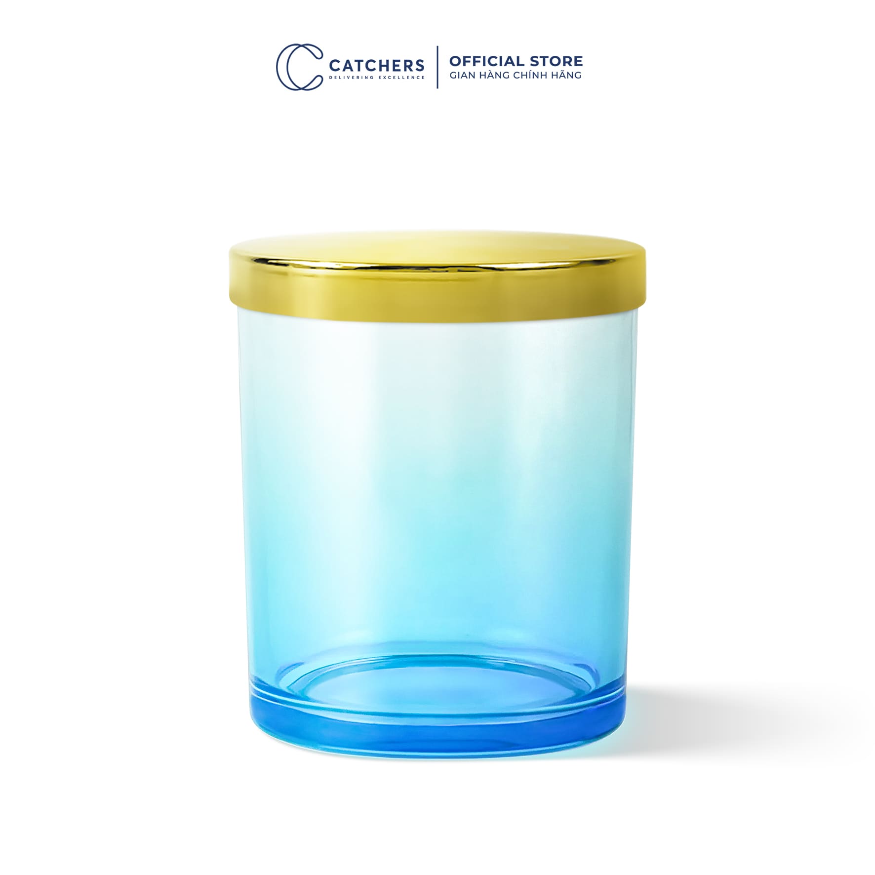 cốc đựng nến xanh dương chuyển màu nắp chụp vàng