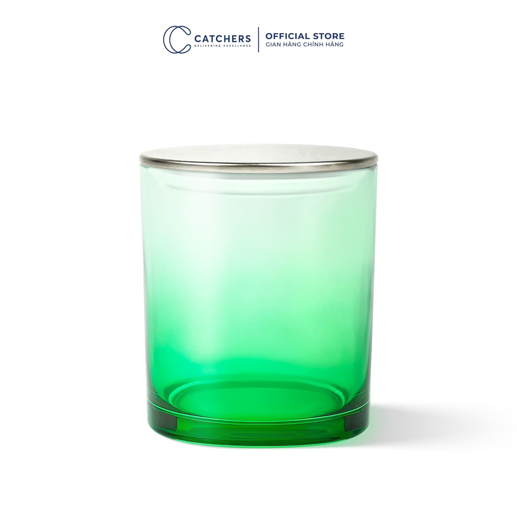 cốc đựng nến xanh lá chuyển màu nắp dẹp bạc