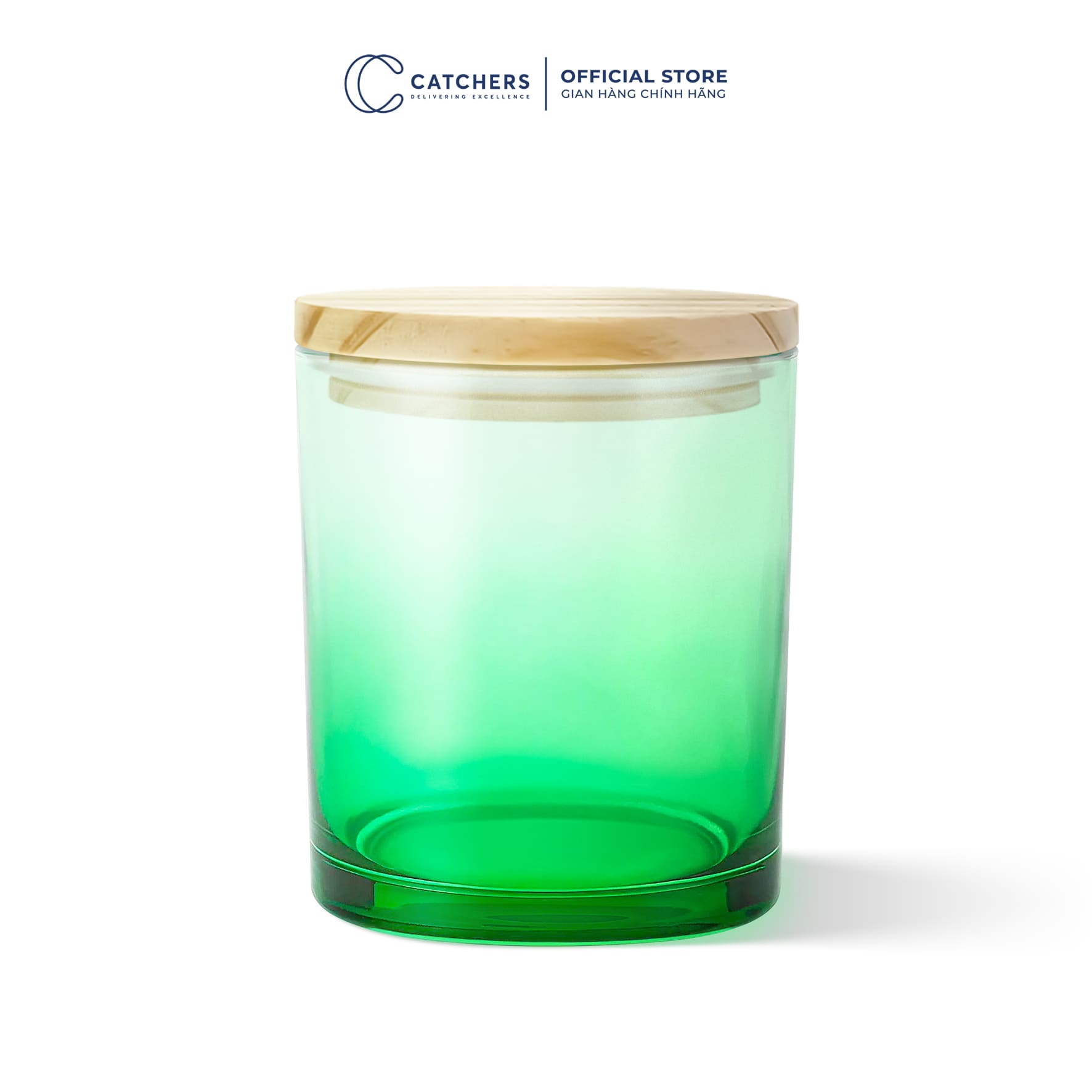 cốc đựng nến xanh lá chuyển màu nắp gỗ