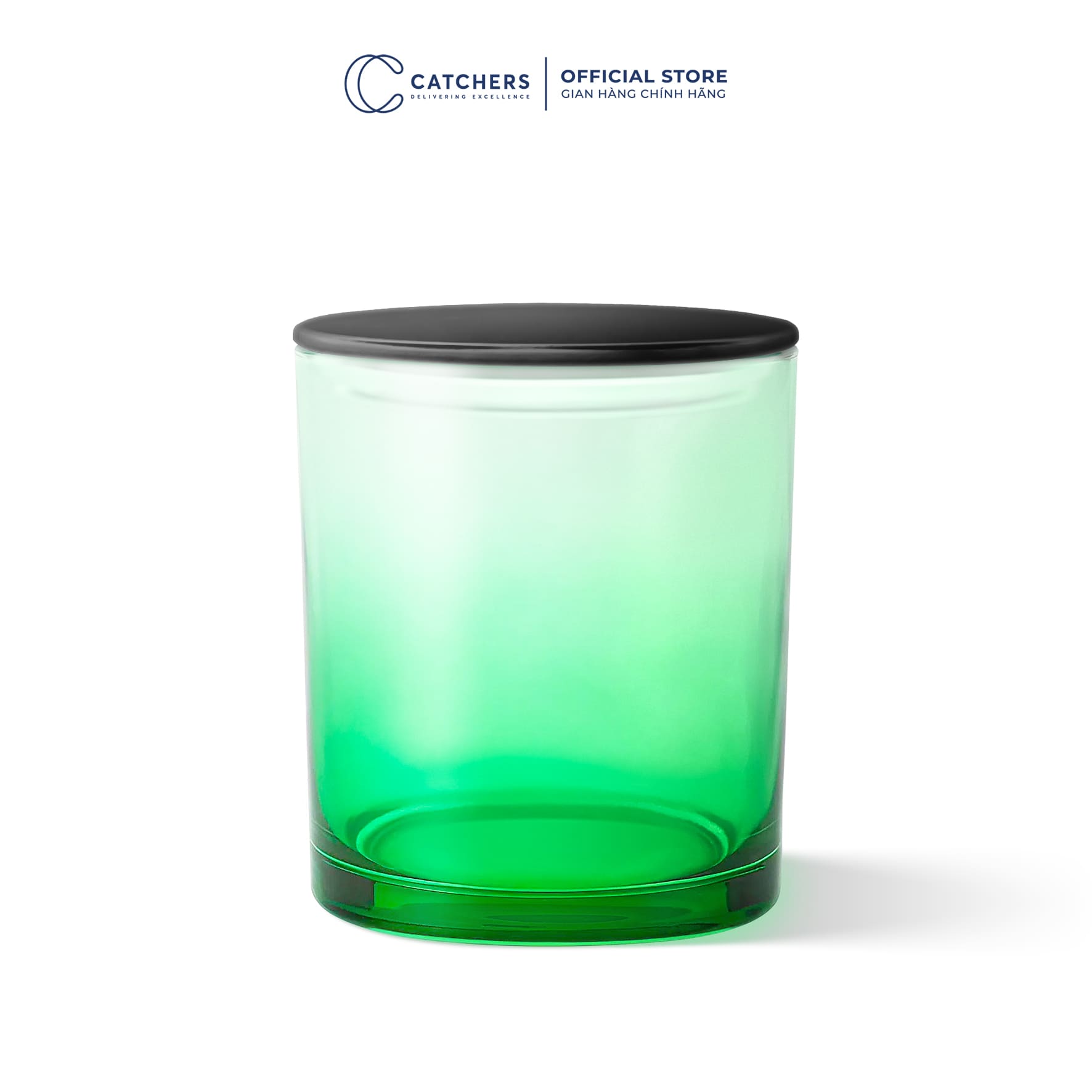 cốc đựng nến xanh lá chuyển màu nắp dẹp đen