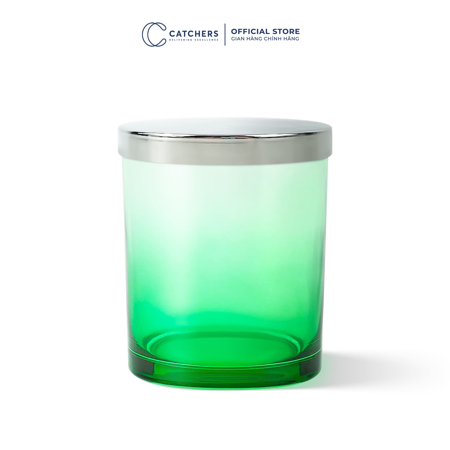 cốc đựng nến xanh lá chuyển màu nắp chụp bạc