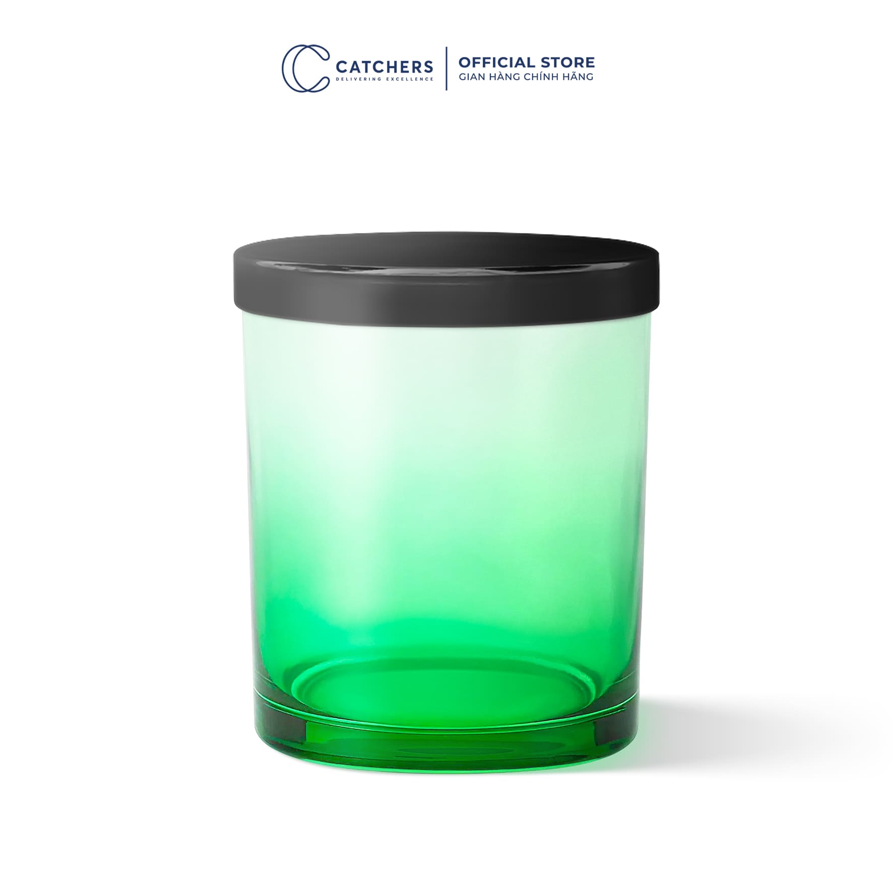 cốc đựng nến xanh lá chuyển màu nắp chụp đen
