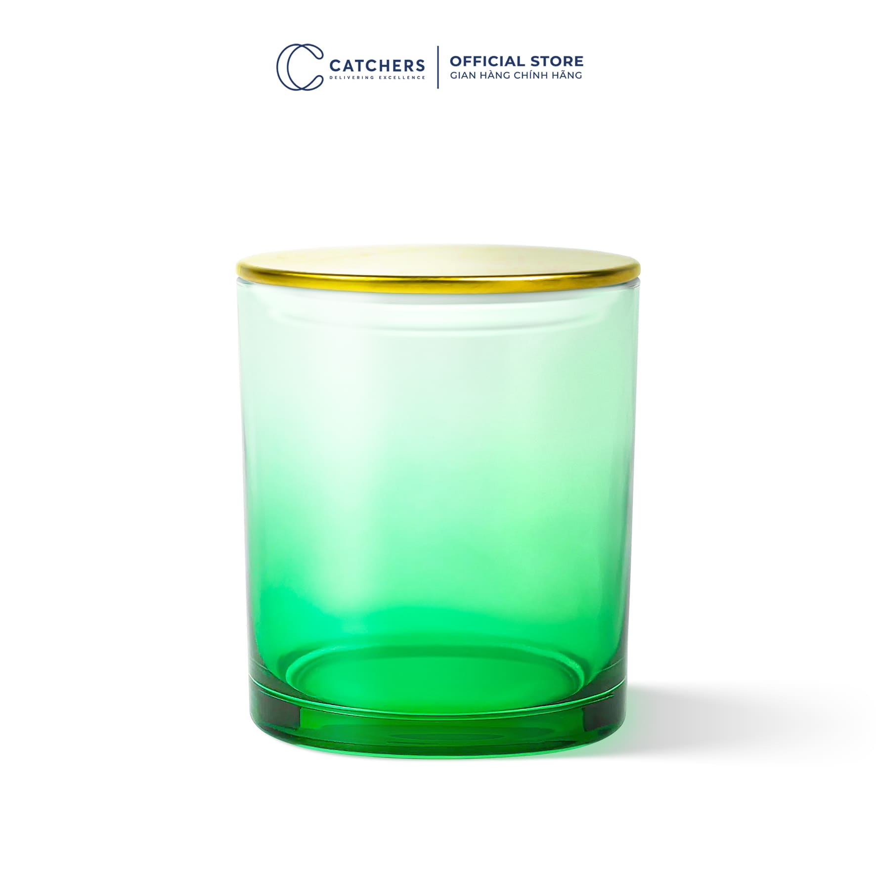 cốc đựng nến xanh lá chuyển màu nắp dẹp vàng