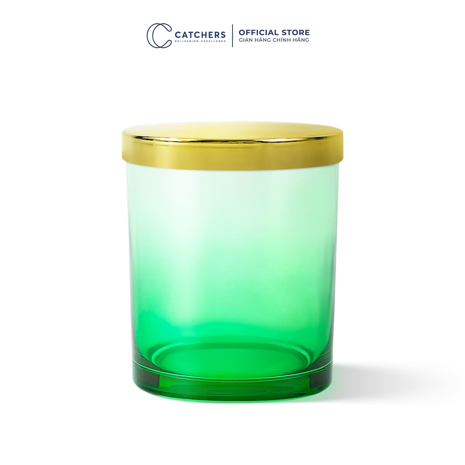 cốc đựng nến xanh lá chuyển màu nắp chụp vàng