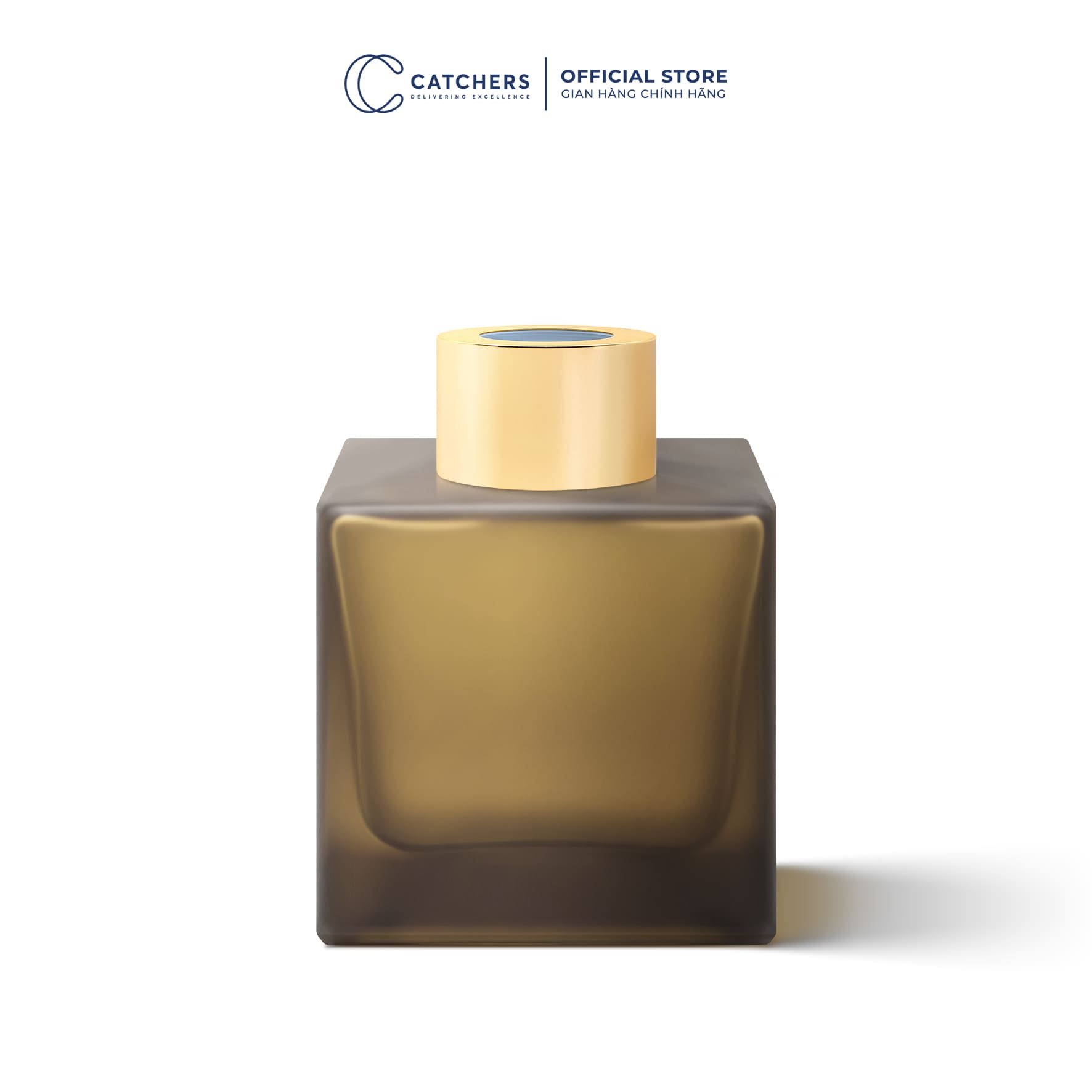 lọ khuếch tán vuông nâu nhám mờ kèm khoen kim loại vàng